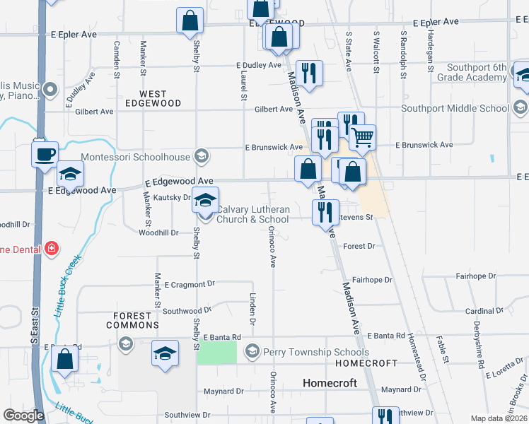 map of restaurants, bars, coffee shops, grocery stores, and more near 6038 Orinoco Avenue in Indianapolis