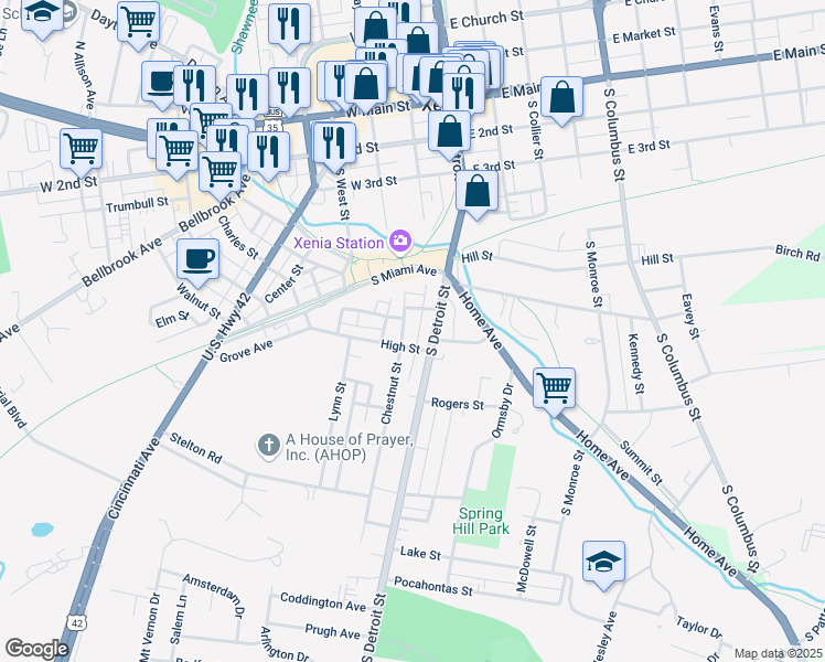 map of restaurants, bars, coffee shops, grocery stores, and more near 491 Chestnut Street in Xenia