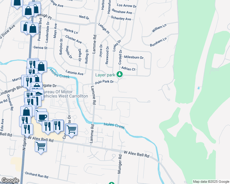 map of restaurants, bars, coffee shops, grocery stores, and more near 2268 Polo Park Drive in Dayton