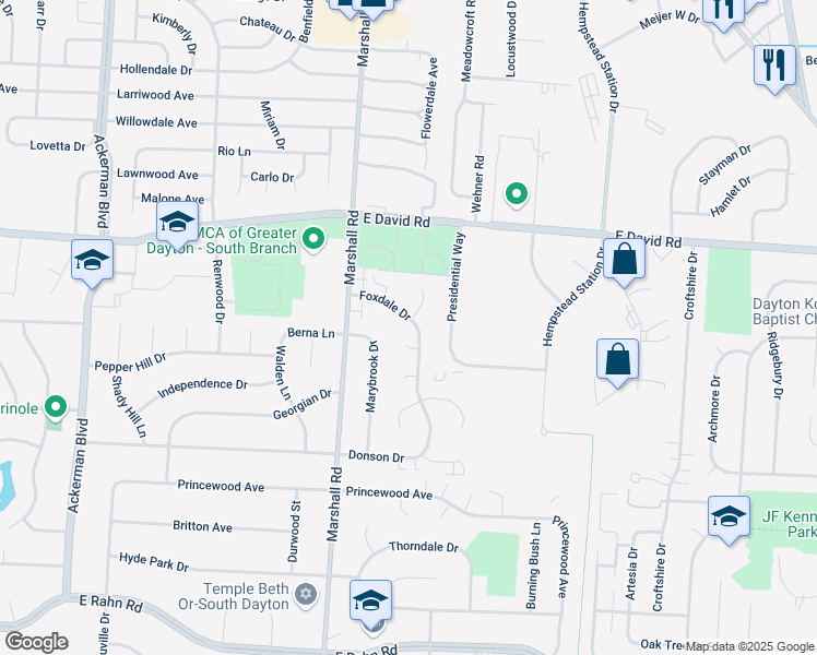 map of restaurants, bars, coffee shops, grocery stores, and more near 4763 Foxdale Drive in Dayton