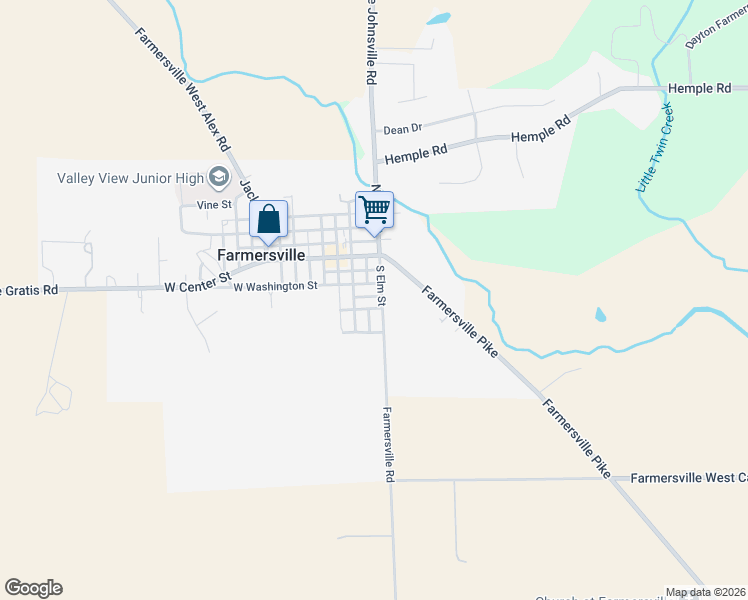 map of restaurants, bars, coffee shops, grocery stores, and more near 104 South Elm Street in Farmersville