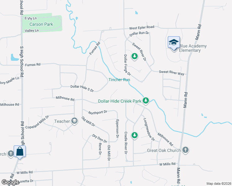 map of restaurants, bars, coffee shops, grocery stores, and more near 5915 Milhouse Court in Indianapolis