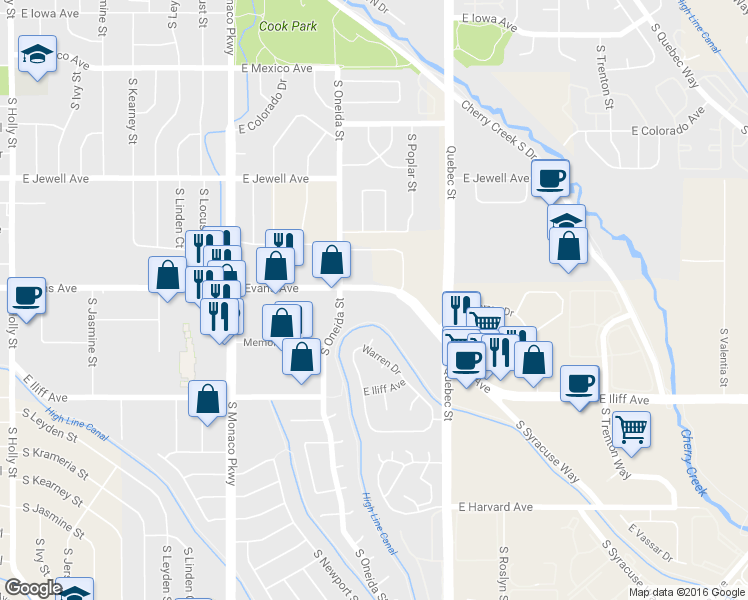 map of restaurants, bars, coffee shops, grocery stores, and more near 6900 East Evans Avenue in Denver