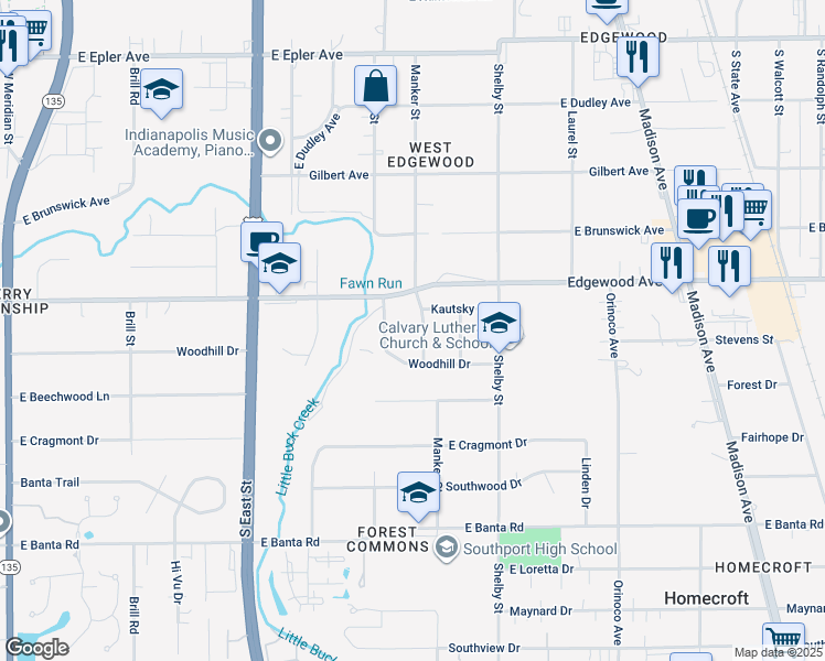 map of restaurants, bars, coffee shops, grocery stores, and more near 6041 Camden Street in Indianapolis