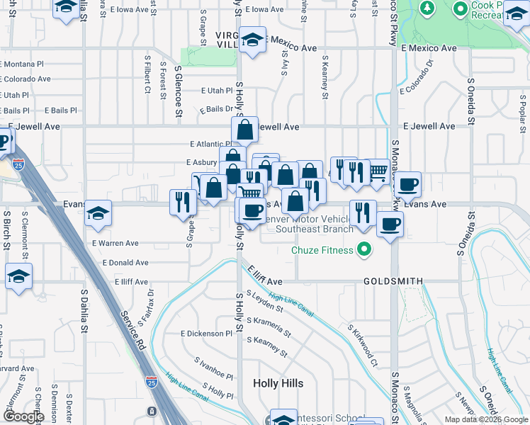 map of restaurants, bars, coffee shops, grocery stores, and more near 5800 East Evans Avenue in Denver