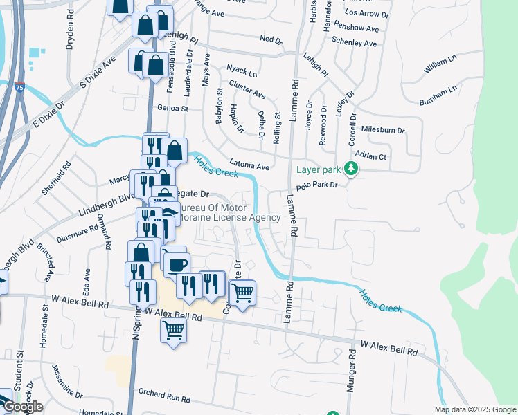 map of restaurants, bars, coffee shops, grocery stores, and more near 5125 Belle Isle Drive in Dayton