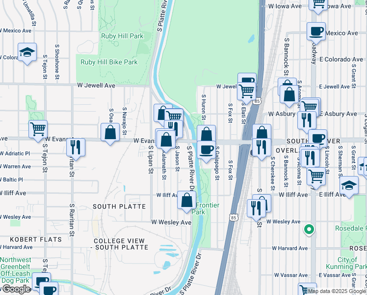 map of restaurants, bars, coffee shops, grocery stores, and more near 2115 South Platte River Drive in Denver