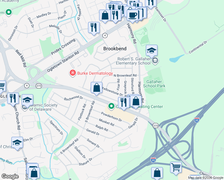 map of restaurants, bars, coffee shops, grocery stores, and more near 1204 Yellowstone Drive in Newark