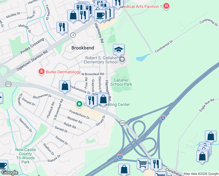 map of restaurants, bars, coffee shops, grocery stores, and more near 716 Harmony Road in Newark