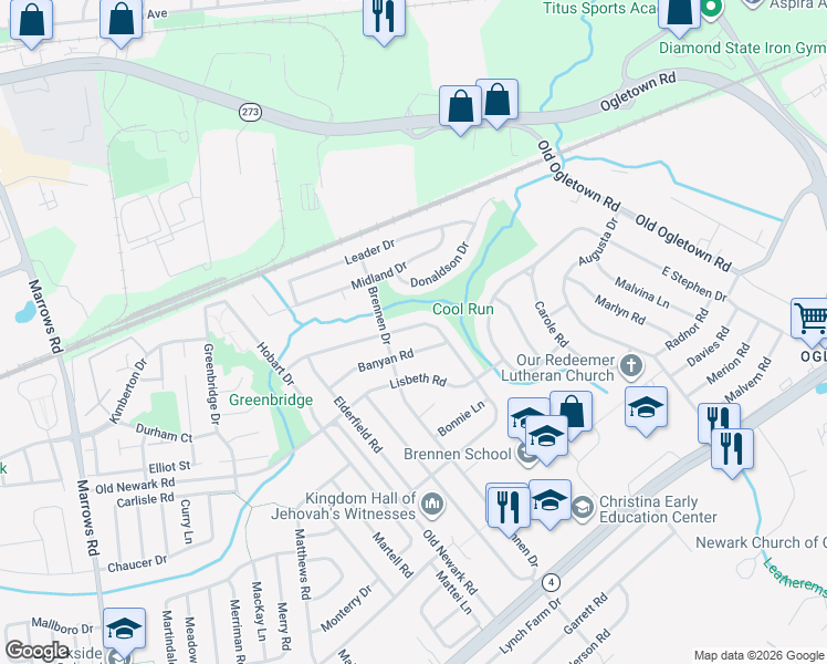 map of restaurants, bars, coffee shops, grocery stores, and more near 606 Shue Drive in Newark