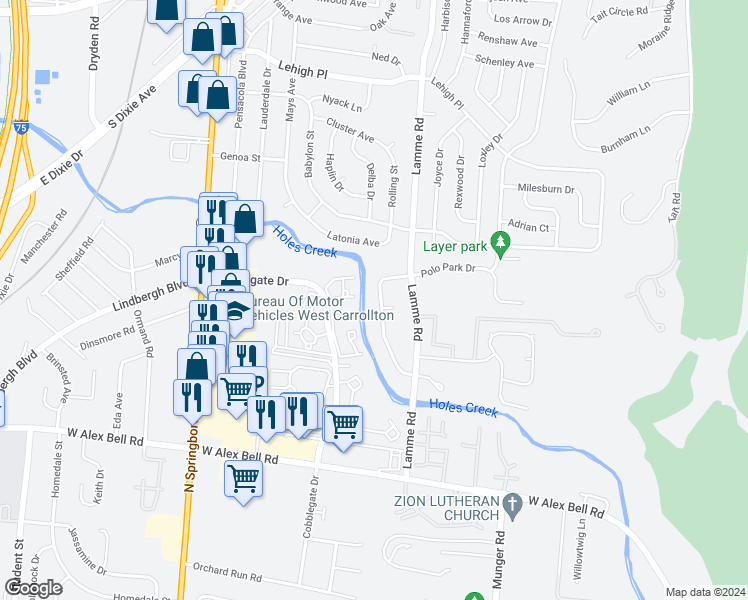 map of restaurants, bars, coffee shops, grocery stores, and more near 5129 Belle Isle Drive in Dayton