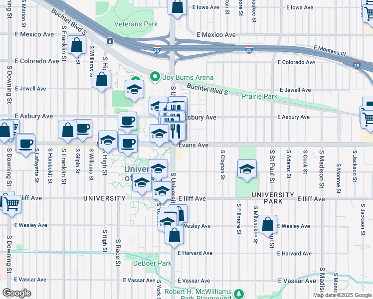 map of restaurants, bars, coffee shops, grocery stores, and more near 2101 South Josephine Street in Denver