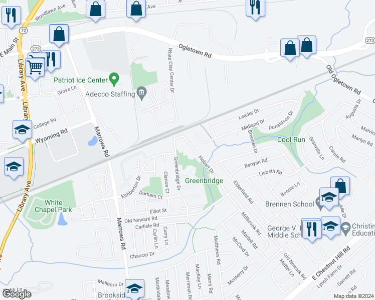 map of restaurants, bars, coffee shops, grocery stores, and more near 162 Greenbridge Drive in Newark