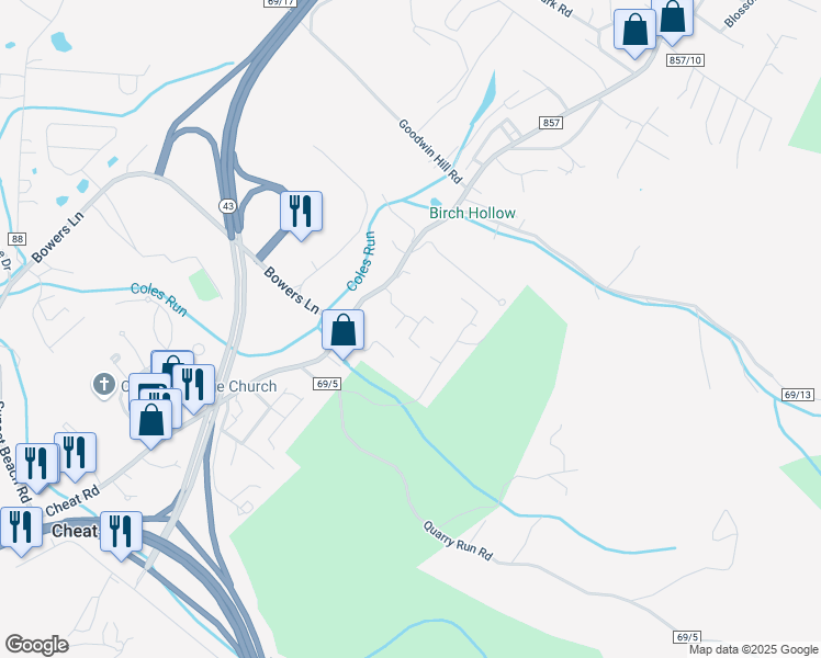 map of restaurants, bars, coffee shops, grocery stores, and more near 45 Twin Knobs Drive in Morgantown