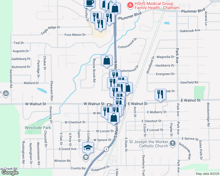 map of restaurants, bars, coffee shops, grocery stores, and more near 101-121 W Ash St in Chatham