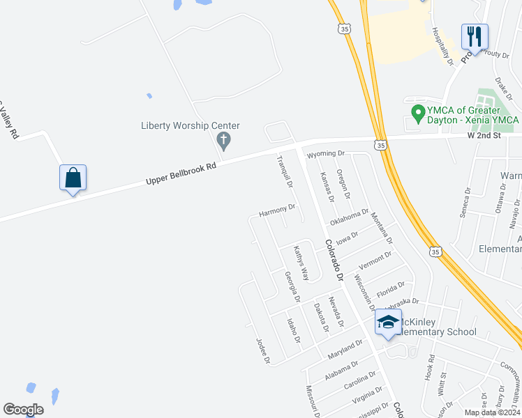 map of restaurants, bars, coffee shops, grocery stores, and more near 2222 Harmony Drive in Xenia