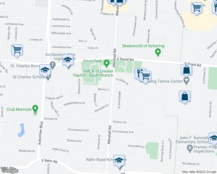 map of restaurants, bars, coffee shops, grocery stores, and more near 1235 Berna Lane in Dayton