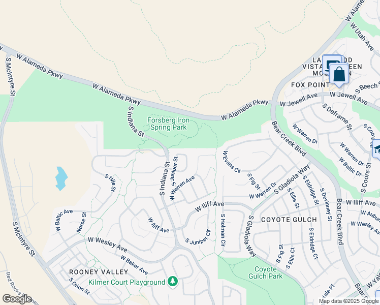 map of restaurants, bars, coffee shops, grocery stores, and more near 14920 West Evans Place in Denver