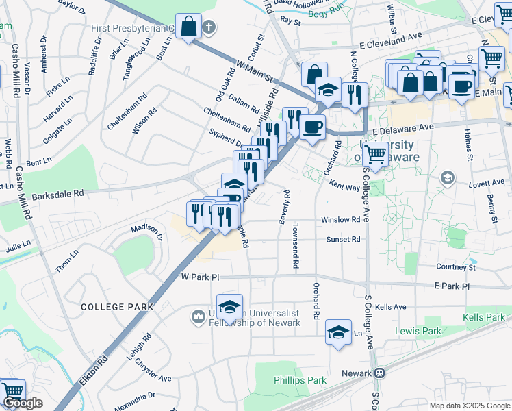 map of restaurants, bars, coffee shops, grocery stores, and more near 106 Smoke Rise Lane in Newark