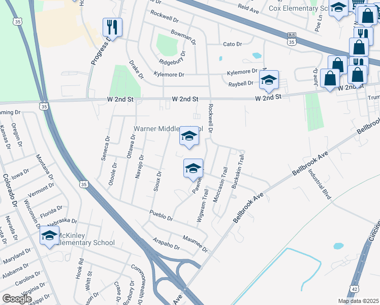 map of restaurants, bars, coffee shops, grocery stores, and more near 600 Buckskin Trail in Xenia