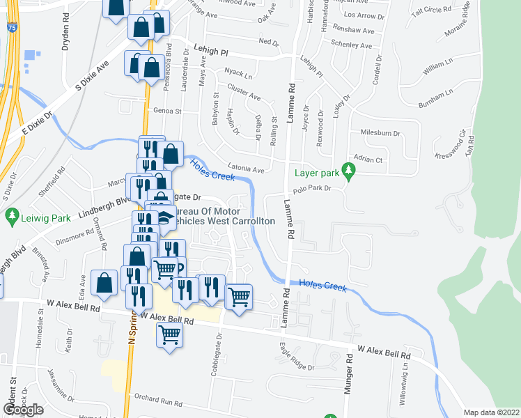 map of restaurants, bars, coffee shops, grocery stores, and more near 5127 Belle Isle Drive in Dayton