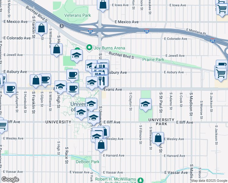 map of restaurants, bars, coffee shops, grocery stores, and more near 2100 South Josephine Street in Denver