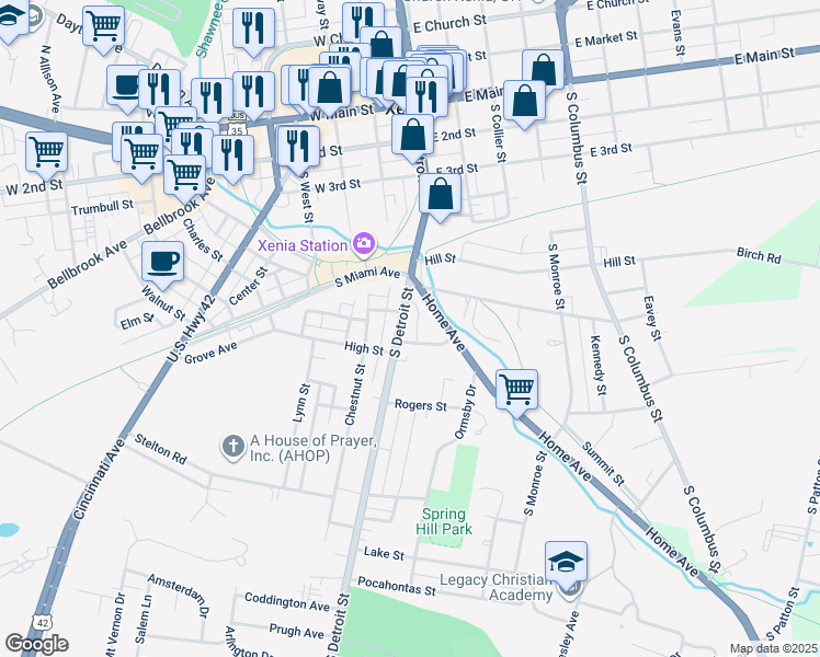 map of restaurants, bars, coffee shops, grocery stores, and more near 499 South Detroit Street in Xenia
