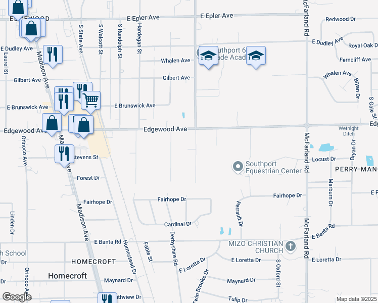 map of restaurants, bars, coffee shops, grocery stores, and more near 6060 South Keystone Avenue in Indianapolis