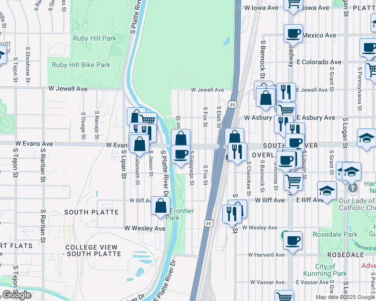 map of restaurants, bars, coffee shops, grocery stores, and more near in Denver