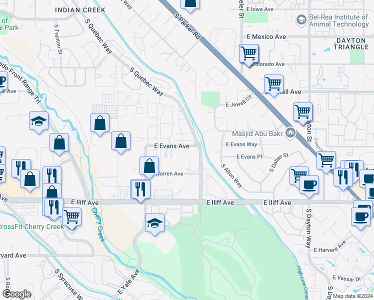 map of restaurants, bars, coffee shops, grocery stores, and more near 8888 East Evans Avenue in Denver