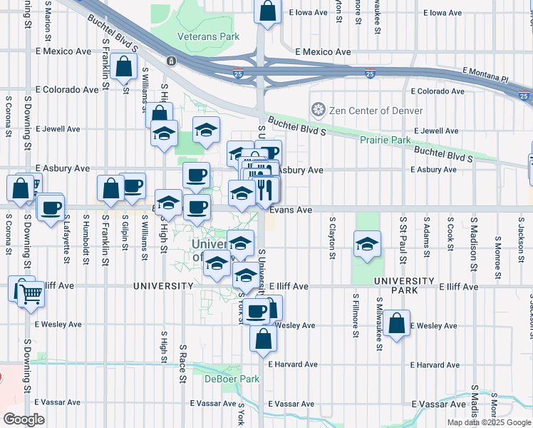 map of restaurants, bars, coffee shops, grocery stores, and more near 2100 South University Boulevard in Denver
