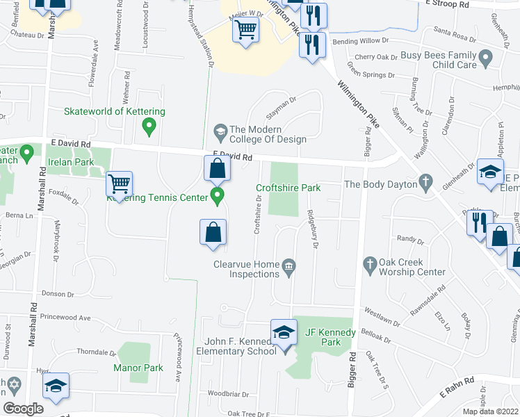map of restaurants, bars, coffee shops, grocery stores, and more near 4568 Croftshire Drive in Dayton