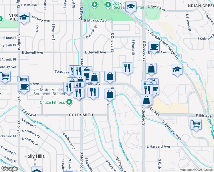 map of restaurants, bars, coffee shops, grocery stores, and more near 6880 East Evans Avenue in Denver