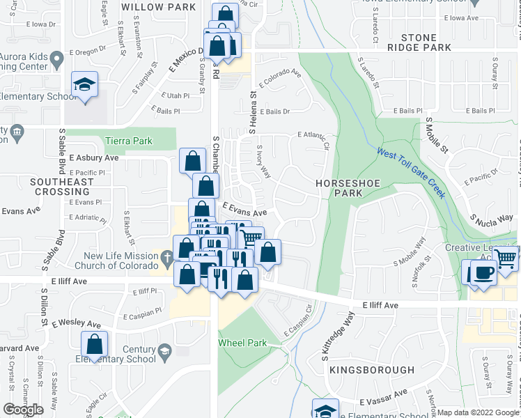 map of restaurants, bars, coffee shops, grocery stores, and more near 2117 South Ivory Street in Aurora