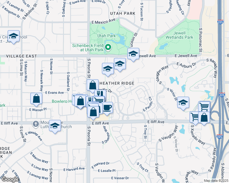 map of restaurants, bars, coffee shops, grocery stores, and more near 2104 South Racine Way in Aurora