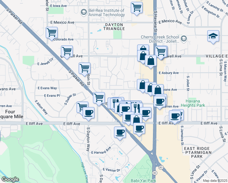 map of restaurants, bars, coffee shops, grocery stores, and more near 2143 South Fulton Circle in Aurora