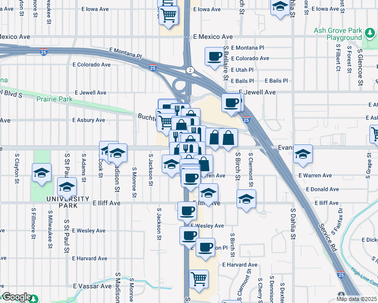 map of restaurants, bars, coffee shops, grocery stores, and more near in 