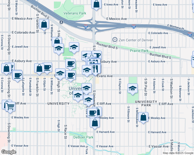 map of restaurants, bars, coffee shops, grocery stores, and more near in Denver