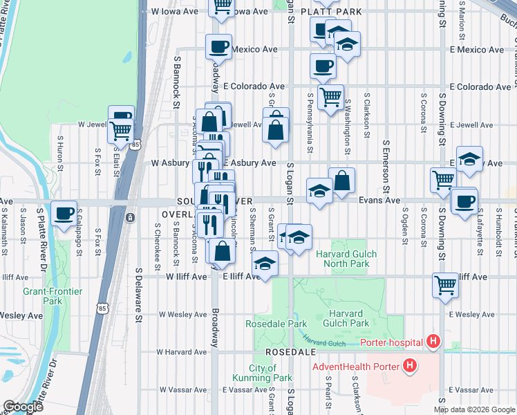 map of restaurants, bars, coffee shops, grocery stores, and more near 2122 South Sherman Street in Denver