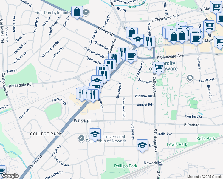 map of restaurants, bars, coffee shops, grocery stores, and more near 106 Smoke Rise Lane in Newark