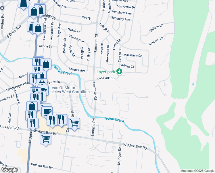 map of restaurants, bars, coffee shops, grocery stores, and more near 2268 Polo Park Drive in Dayton