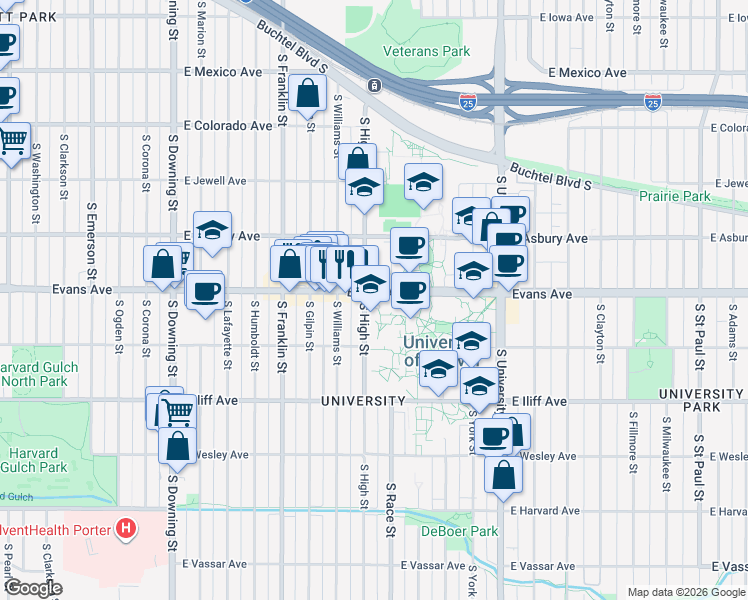 map of restaurants, bars, coffee shops, grocery stores, and more near 2100 South High Street in Denver