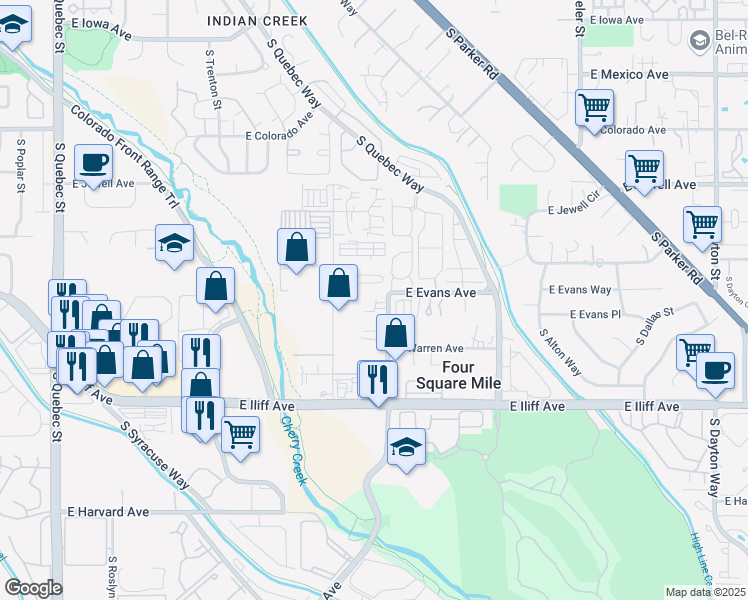 map of restaurants, bars, coffee shops, grocery stores, and more near 2101 South Wabash Street in Denver