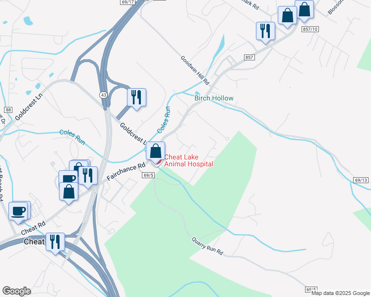 map of restaurants, bars, coffee shops, grocery stores, and more near 45 Twin Knobs Drive in Morgantown