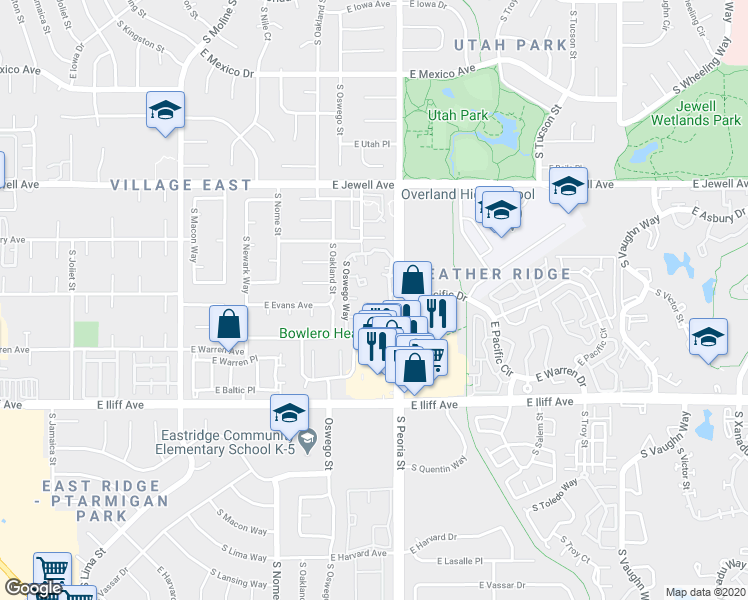 map of restaurants, bars, coffee shops, grocery stores, and more near 2136 South Oswego Way in Aurora