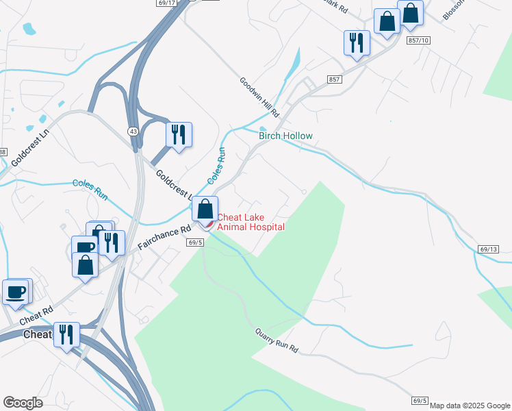 map of restaurants, bars, coffee shops, grocery stores, and more near 45 Twin Knobs Drive in Morgantown