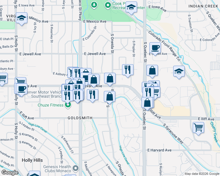 map of restaurants, bars, coffee shops, grocery stores, and more near 6880 East Evans Avenue in Denver