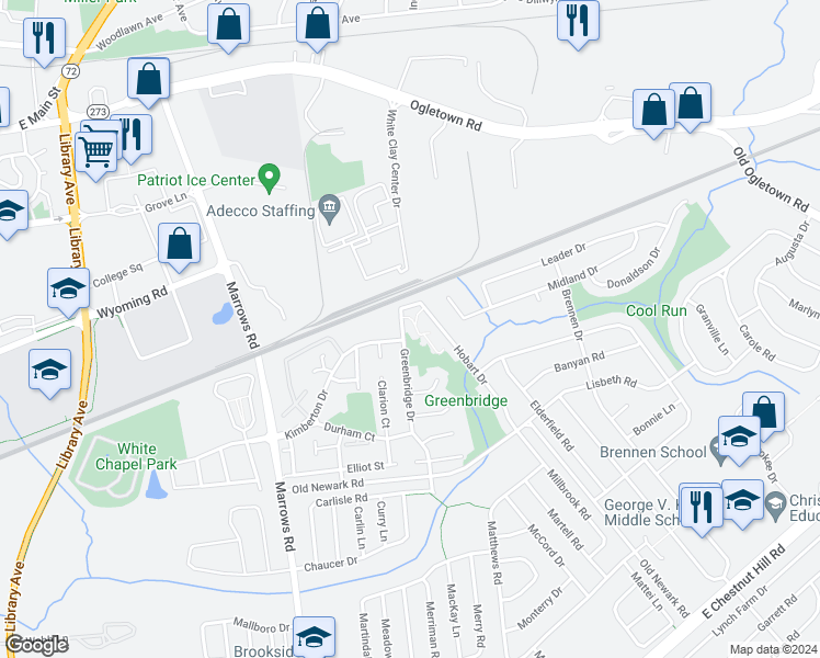 map of restaurants, bars, coffee shops, grocery stores, and more near 162 Greenbridge Drive in Newark