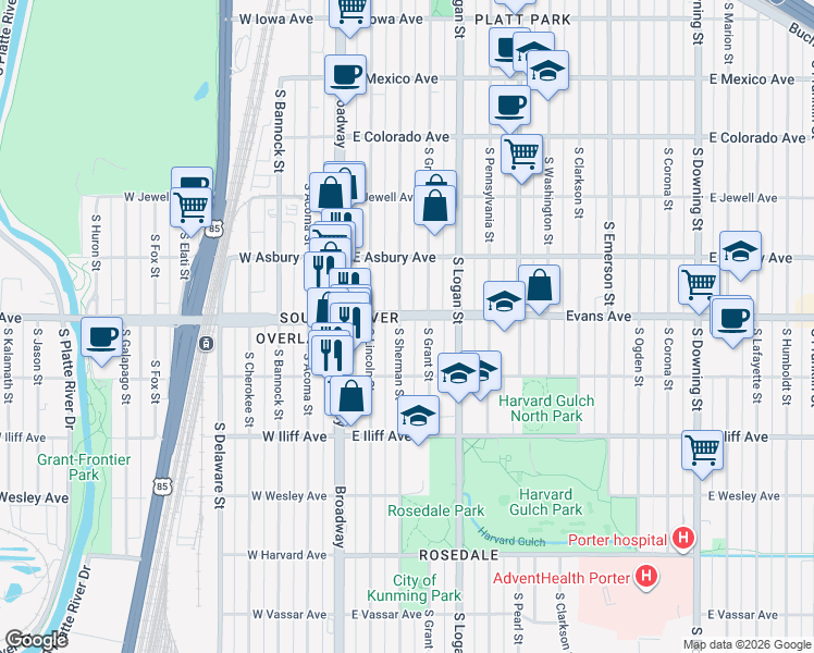 map of restaurants, bars, coffee shops, grocery stores, and more near 2122 South Sherman Street in Denver