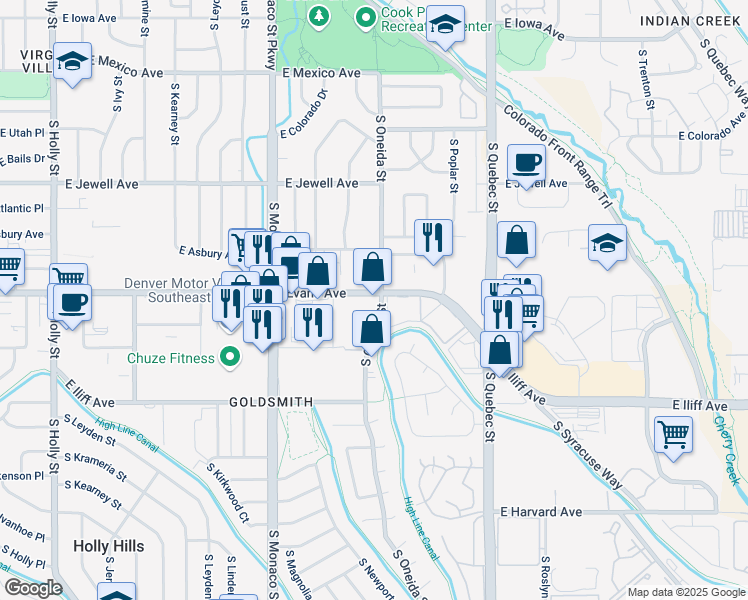 map of restaurants, bars, coffee shops, grocery stores, and more near 6880 East Evans Avenue in Denver